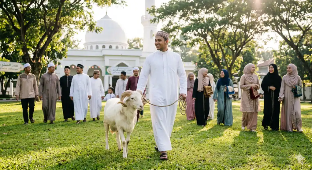 A neatly dressed Muslim man leading a Qurban ram in the morning after the congregation has finished the Eid al-Adha prayer.