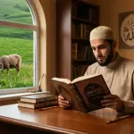 A Muslim man wearing a skullcap reading a classical Islamic fiqh book about the ruling of Qurban with a ram visible through the window.