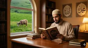 Shafi'i School of Jurisprudence: The Complete Guide to Islamic Law, Prayers, and Tasawuf 13 A Muslim man wearing a skullcap reading a classical Islamic fiqh book about the ruling of Qurban with a ram visible through the window.