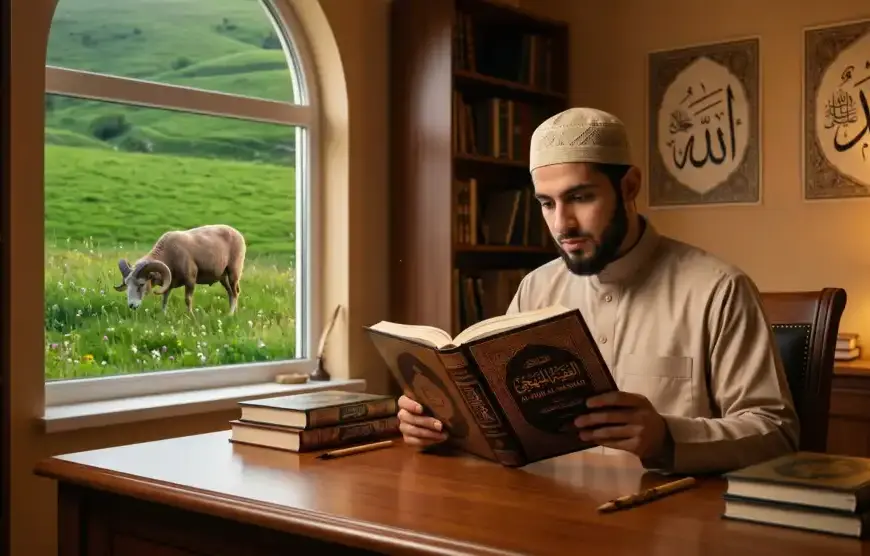 A Muslim man wearing a skullcap reading a classical Islamic fiqh book about the ruling of Qurban with a ram visible through the window.