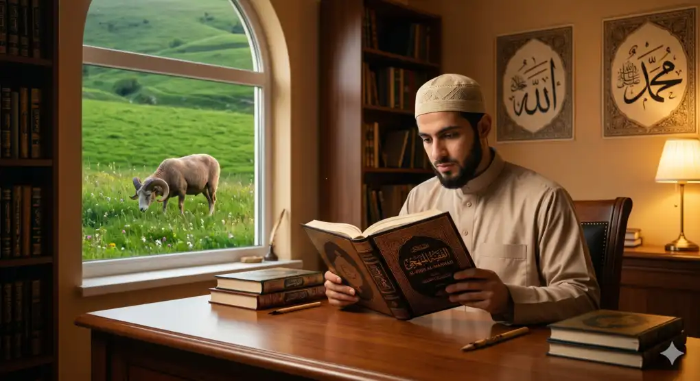 A Muslim man wearing a skullcap reading a classical Islamic fiqh book about the ruling of Qurban with a ram visible through the window.
