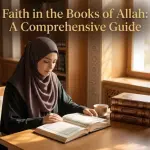 A Muslim woman in a hijab reading the Al-Qur'an at a wooden library table with stacked classical turats books.