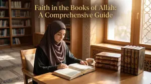 Shafi'i School of Jurisprudence: The Complete Guide to Islamic Law, Prayers, and Tasawuf 5 A Muslim woman in a hijab reading the Al-Qur'an at a wooden library table with stacked classical turats books.