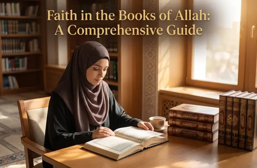 A Muslim woman in a hijab reading the Al-Qur'an at a wooden library table with stacked classical turats books.
