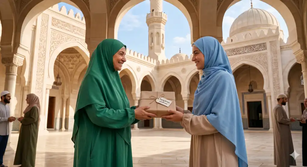 The Ruling of Qurban in Islam: A Comprehensive Guide 3 Two modestly dressed Muslim women in hijabs smiling while sharing a package of Qurban meat in a classical mosque courtyard.