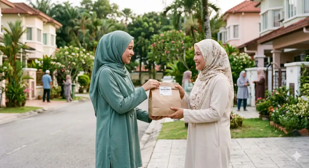 The Wisdom of Qurban: Spiritual and Social Dimensions in Islam 3 Two smiling modestly dressed Muslim women in hijabs sharing and receiving a package of Qurban meat in a pleasant neighborhood.