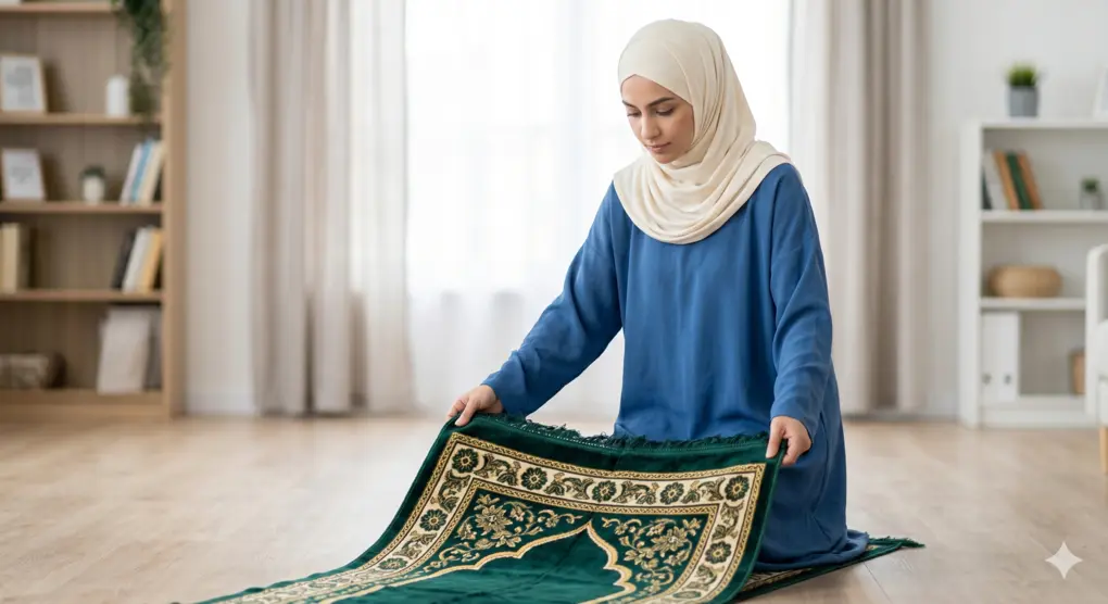 Bangkai Nyamuk dan Darah Kutu Apakah Najis? Tinjauan Fiqih Syafi'i 3 Seorang Muslimah dengan jilbab cream rapi membentangkan sajadah hijau dan emas bersih yang rapi di lantai kayu ruangan yang cerah dan damai, menunjukkan kebersihan pakaian shalat.