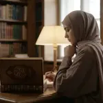Seorang muslimah berhijab membaca kitab klasik di meja kayu di perpustakaan dengan pencahayaan hangat.