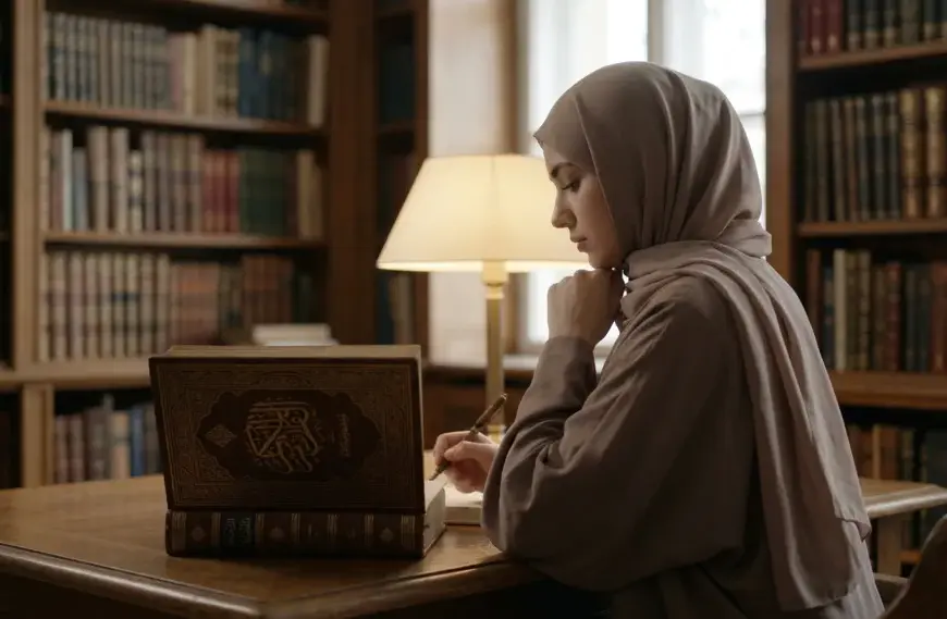 Seorang muslimah berhijab membaca kitab klasik di meja kayu di perpustakaan dengan pencahayaan hangat.