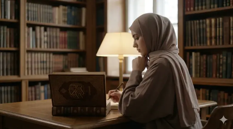 A Muslim woman in a hijab reading a classic Islamic book at a wooden desk in a library with warm lighting.
