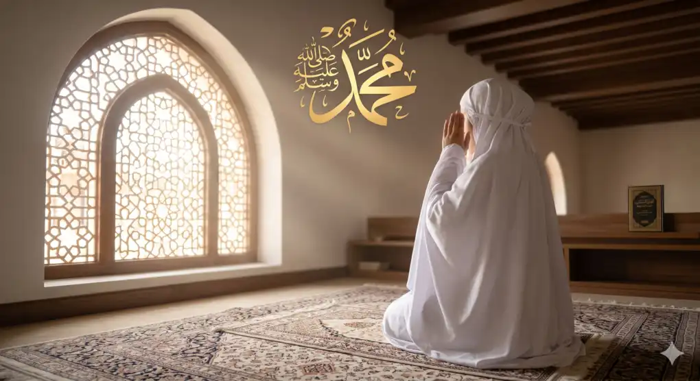 Kapan Wanita Haid dan Nifas Harus Mulai Mandi Wajib? 3 Seorang Muslimah mengenakan mukena putih mengangkat tangan untuk shalat di atas sajadah, diterangi cahaya pagi dengan kaligrafi Muhammad di dinding.