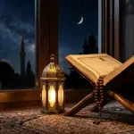 A warm lantern and the Quran under a starry night sky symbolizing accepted times for supplication.
