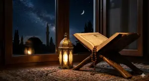 Shafi'i School of Jurisprudence: The Complete Guide to Islamic Law, Prayers, and Tasawuf 3 A warm lantern and the Quran under a starry night sky symbolizing accepted times for supplication.