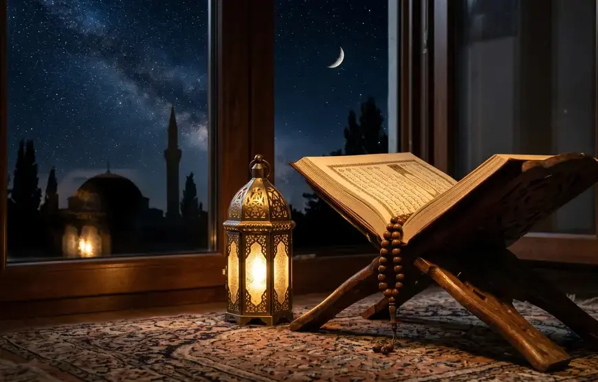 Shafi'i School of Jurisprudence: The Complete Guide to Islamic Law, Prayers, and Tasawuf 13 A warm lantern and the Quran under a starry night sky symbolizing accepted times for supplication.