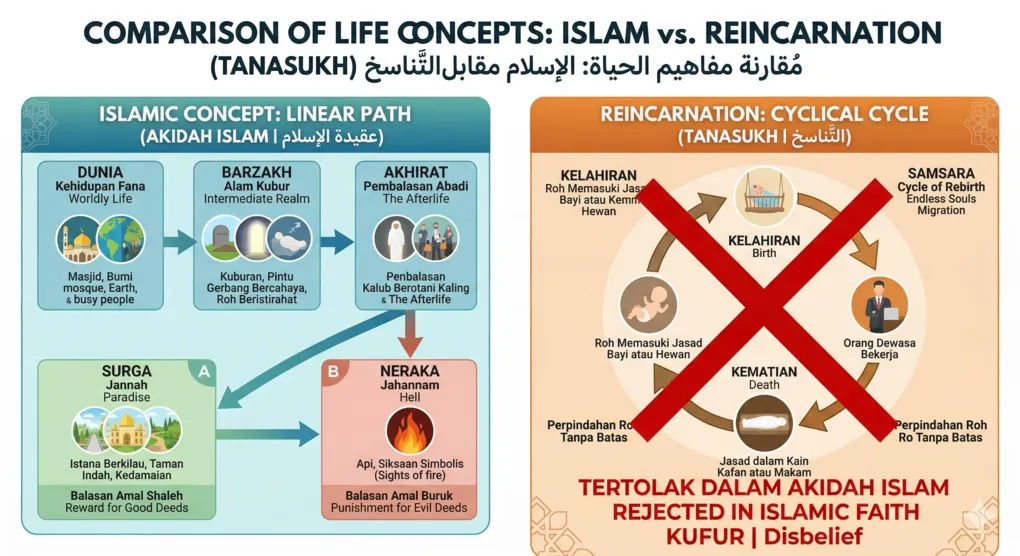The Ruling and Reality of Reincarnation in Islam: A Theological Analysis Based on Tuhfat al-Ahwadzi 2 A flowchart infographic comparing the linear Islamic path (World, Barzakh, Afterlife) with the cyclical cycle of reincarnation marked with a large red cross.