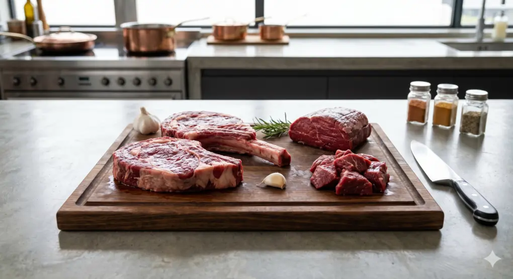 Are Dead Mosquitoes and Flea Blood Najis? A Shafi'i Fiqh Perspective 4 Fresh cuts of raw beef meat unwashed on an aesthetic wooden cutting board in a clean kitchen environment, professional food photography, direct top-down view (flat lay).