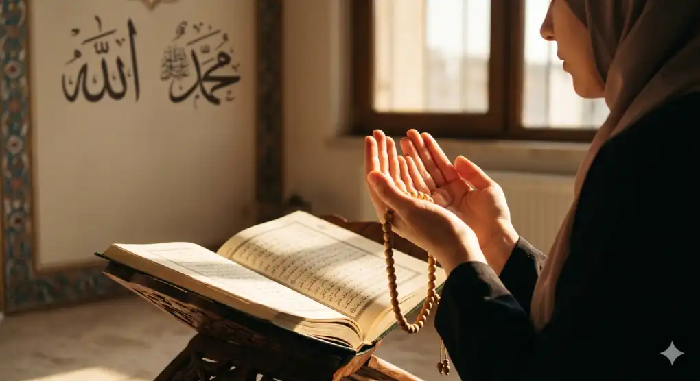 The Wisdom of Qurban: Spiritual and Social Dimensions in Islam 2 Raised hands in sincere prayer holding tasbih with an open classical Islamic fiqh book resting on a stand in front of them