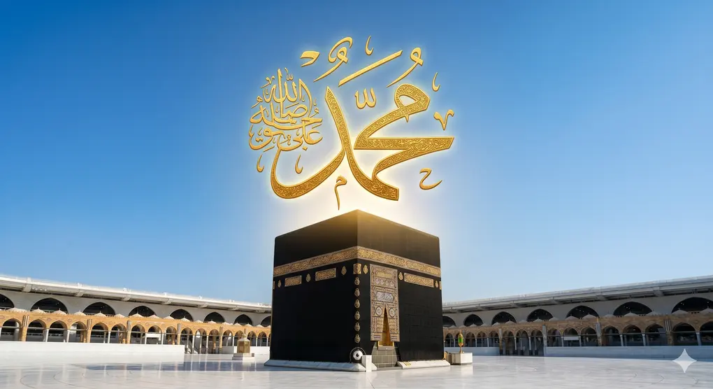 The History of Hajj in Islam: From Prophet Ibrahim to the Modern Era 3 Golden Arabic calligraphy of the name Muhammad hovering above a pristine Kaaba.