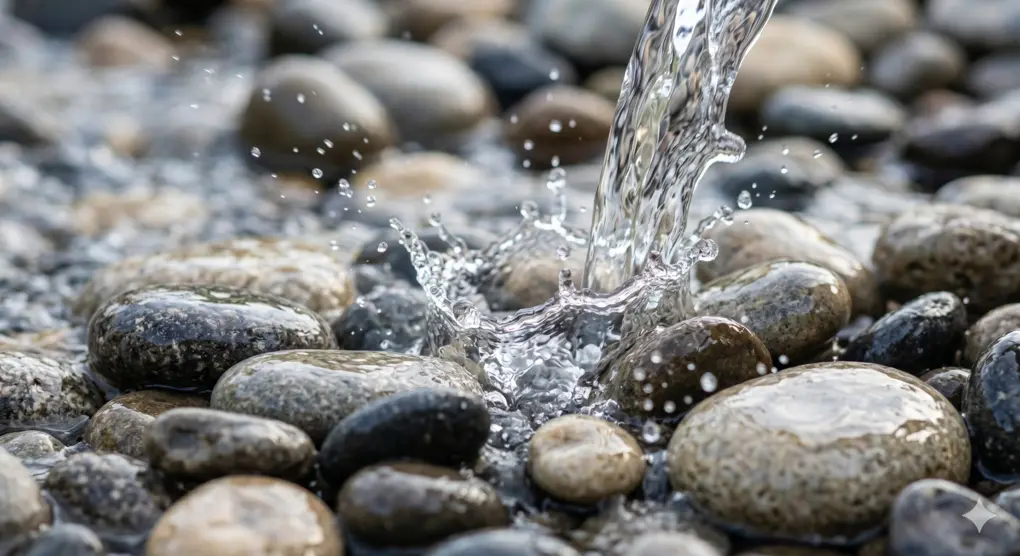 The Meaning of Istinja: Foundation of Purity in Islam 3 Macro photography of clear water splashing on river stones, symbolizing the use of absolute water and solid objects for Islamic purification.