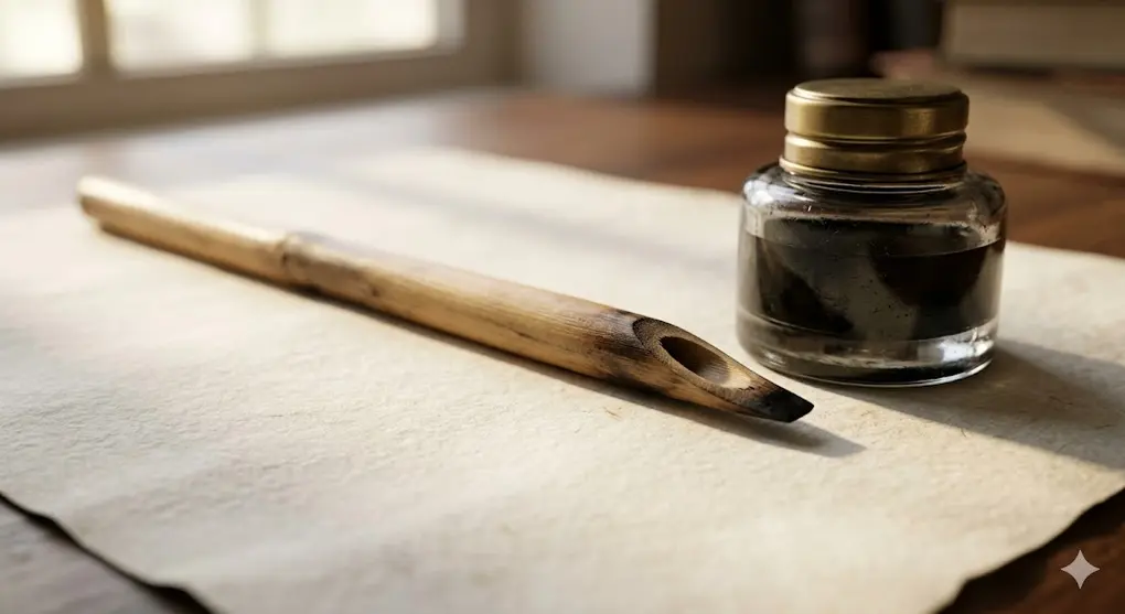 The 6 Obligatory Conditions of Hajj and Umrah: Responding to the Divine Call 2 Macro photography of a traditional reed pen (qalam) resting on a blank, clean parchment next to an elegant inkwell, symbolizing taklif (legal accountability) which is only recorded when an individual reaches puberty and possesses sanity, according to the Hadith of the "Lifted Pen."