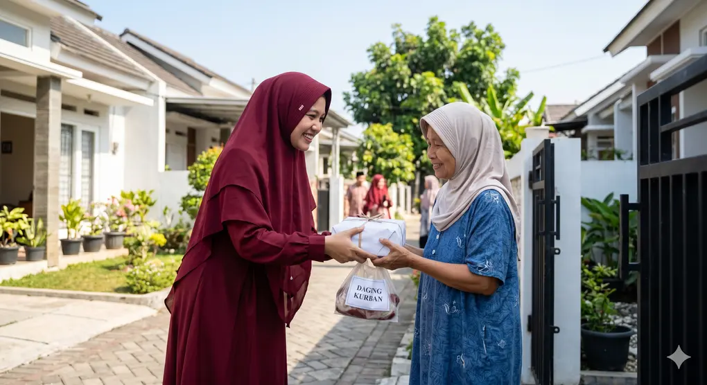 Understanding the Meaning and Ruling on Qurban in Islam 2 Hijabi Muslimah distributing Qurban meat to a neighbor with a smile