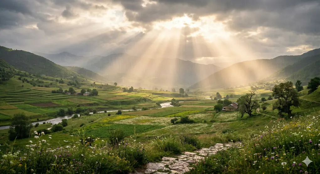 The Names of Angels in Islam and Their Noble Duties 2 names of angels in islam: Gentle rain falling on a green valley illuminated by morning sunlight representing the descent of sustenance.