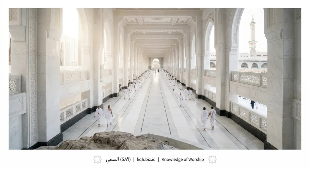 The Profound Wisdom of Hajj: A Deep Spiritual and Social Journey 3 Pilgrims walking along the beautifully lit Sa'i pathway between the hills of Safa and Marwah.