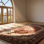 A beautiful traditional Turkish prayer rug (sajadah) laid on a wooden floor, with warm morning sunlight streaming through an arched window, highlighting a wooden tasbih (misbaha) resting on the rug. The atmosphere is serene and spiritual.