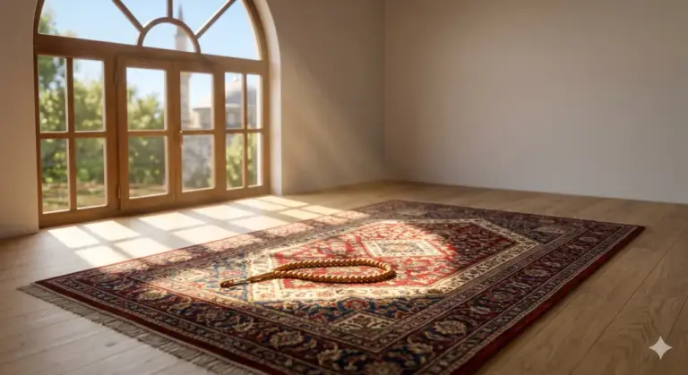 Shafi'i School of Jurisprudence: The Complete Guide to Islamic Law, Prayers, and Tasawuf 1 A beautiful traditional Turkish prayer rug (sajadah) laid on a wooden floor, with warm morning sunlight streaming through an arched window, highlighting a wooden tasbih (misbaha) resting on the rug. The atmosphere is serene and spiritual.