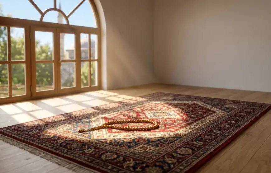 A beautiful traditional Turkish prayer rug (sajadah) laid on a wooden floor, with warm morning sunlight streaming through an arched window, highlighting a wooden tasbih (misbaha) resting on the rug. The atmosphere is serene and spiritual.