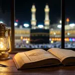 obligatory conditions of Hajj: An opened Shafi'i fiqh manual (Kashifatus Saja or Fiqh Manhaji) resting on an aesthetic wooden desk, illuminated by the warm glow of an antique lantern, with a peaceful silhouette of the Kaaba and bokeh lights of Masjid al-Haram visible through a window in the background.