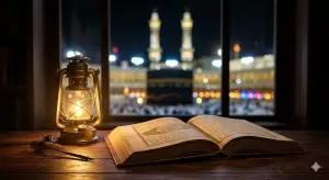 Shafi'i School of Jurisprudence: The Complete Guide to Islamic Law, Prayers, and Tasawuf 21 obligatory conditions of Hajj: An opened Shafi'i fiqh manual (Kashifatus Saja or Fiqh Manhaji) resting on an aesthetic wooden desk, illuminated by the warm glow of an antique lantern, with a peaceful silhouette of the Kaaba and bokeh lights of Masjid al-Haram visible through a window in the background.