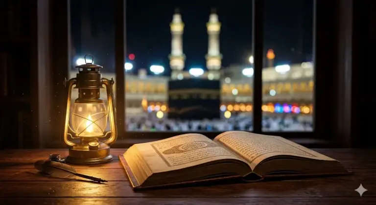 Shafi'i School of Jurisprudence: The Complete Guide to Islamic Law, Prayers, and Tasawuf 1 obligatory conditions of Hajj: An opened Shafi'i fiqh manual (Kashifatus Saja or Fiqh Manhaji) resting on an aesthetic wooden desk, illuminated by the warm glow of an antique lantern, with a peaceful silhouette of the Kaaba and bokeh lights of Masjid al-Haram visible through a window in the background.