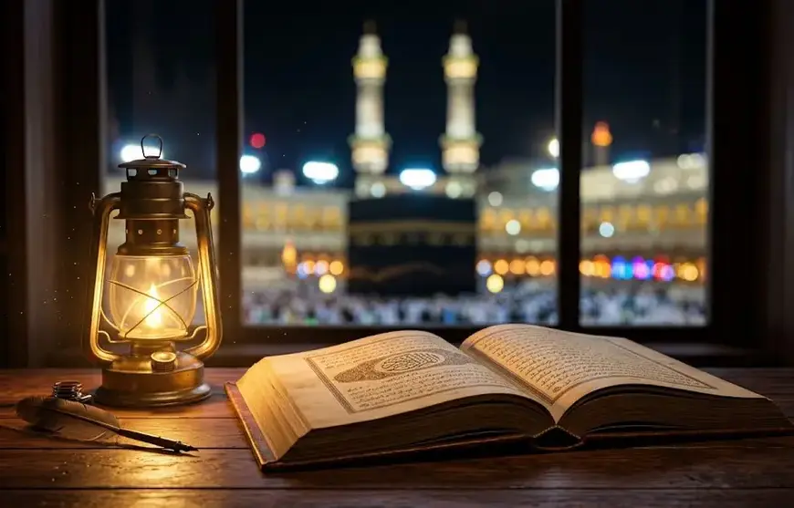 Shafi'i School of Jurisprudence: The Complete Guide to Islamic Law, Prayers, and Tasawuf 11 obligatory conditions of Hajj: An opened Shafi'i fiqh manual (Kashifatus Saja or Fiqh Manhaji) resting on an aesthetic wooden desk, illuminated by the warm glow of an antique lantern, with a peaceful silhouette of the Kaaba and bokeh lights of Masjid al-Haram visible through a window in the background.