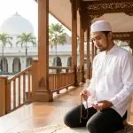 A neatly dressed Muslim man sitting on a traditional mosque porch, holding prayer beads and praying devoutly before the Qurban sacrifice.