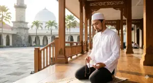 Shafi'i School of Jurisprudence: The Complete Guide to Islamic Law, Prayers, and Tasawuf 23 A neatly dressed Muslim man sitting on a traditional mosque porch, holding prayer beads and praying devoutly before the Qurban sacrifice.