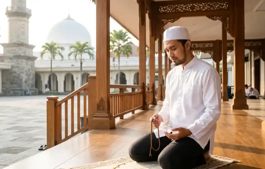 Shafi'i School of Jurisprudence: The Complete Guide to Islamic Law, Prayers, and Tasawuf 31 A neatly dressed Muslim man sitting on a traditional mosque porch, holding prayer beads and praying devoutly before the Qurban sacrifice.