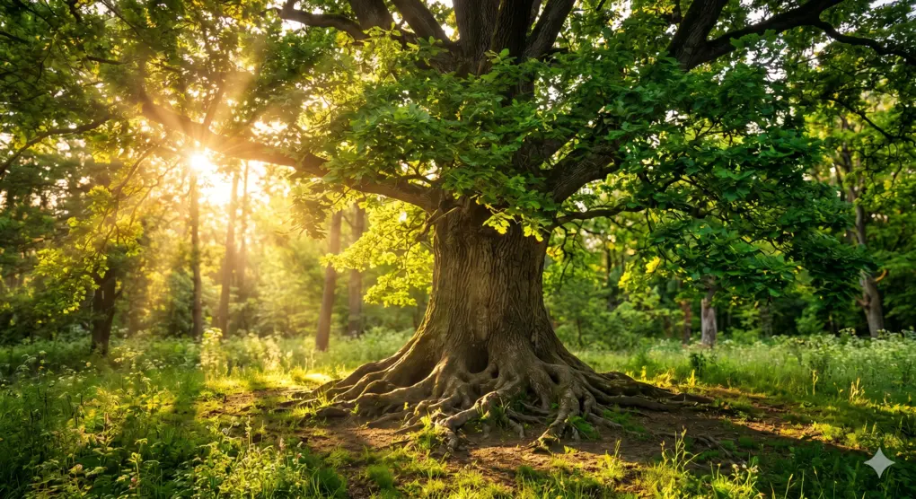 Wisdom of Fardhu Prayers: Spiritual and Physical Needs 4 A majestic, ancient oak tree with a massive trunk and deeply rooted base stands prominently in a lush, sun-dappled forest clearing. Warm, golden hour sunlight pierces dramatically through the dense, vibrant green foliage, casting soft, defined shadows. Majestic nature photography with a sense of strength.
