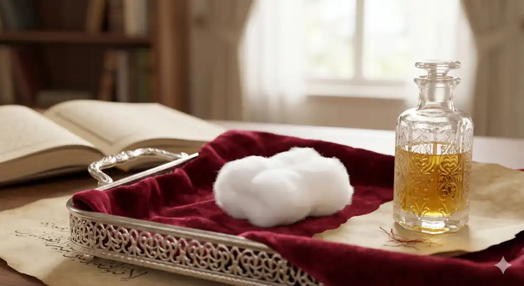 When to Perform Ghusl After Menstruation and Postpartum Bleeding: A Shafi'i Perspective 2 Ghusl after menstruation: A bottle of musk oil and a pure white cotton ball on a tray lined with red velvet cloth.