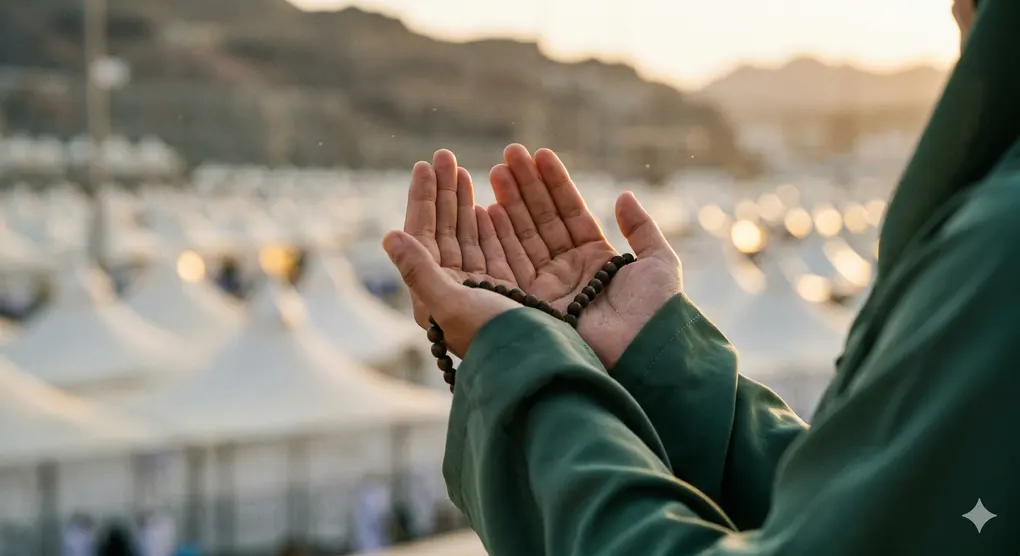The Profound Wisdom of Hajj: A Deep Spiritual and Social Journey 4 Wisdom of Hajj: A pilgrim's hands raised in dua holding prayer beads with a blurred background of white Mina tents.