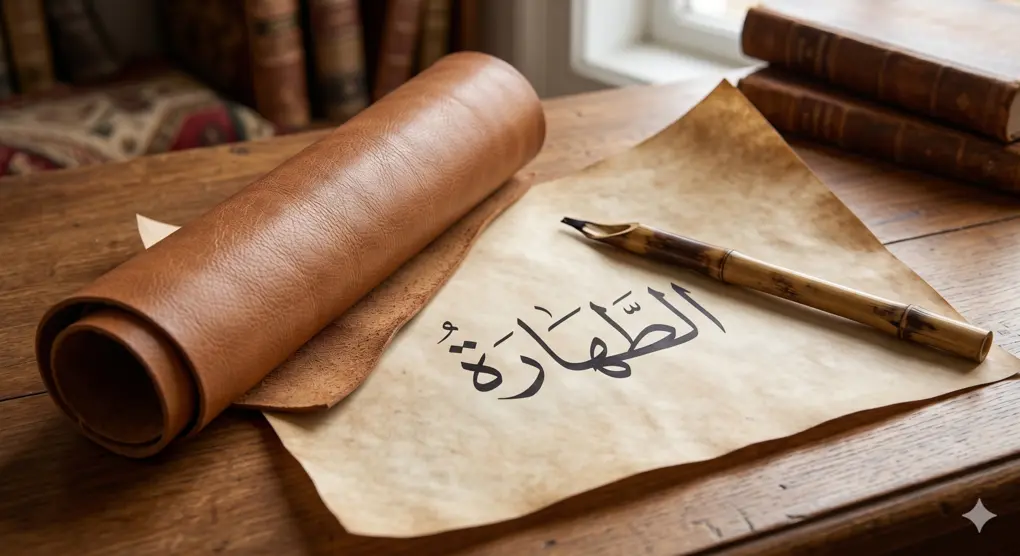 Mediums of Thaharah: Islamic Purification Tools and Their Importance 3 Close-up of high-quality tanned animal hide (dabigh) partially rolled, bamboo calligraphy pen (kalam), and parchment with minimalist Arabic calligraphy "At-Thaharah".