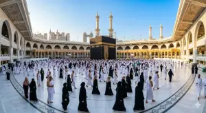 Shafi'i School of Jurisprudence: The Complete Guide to Islamic Law, Prayers, and Tasawuf 21 Hajj and Umrah pilgrims performing the Tawaf ritual around the Kaaba in Masjid al-Haram wearing ihram and modest hijab.