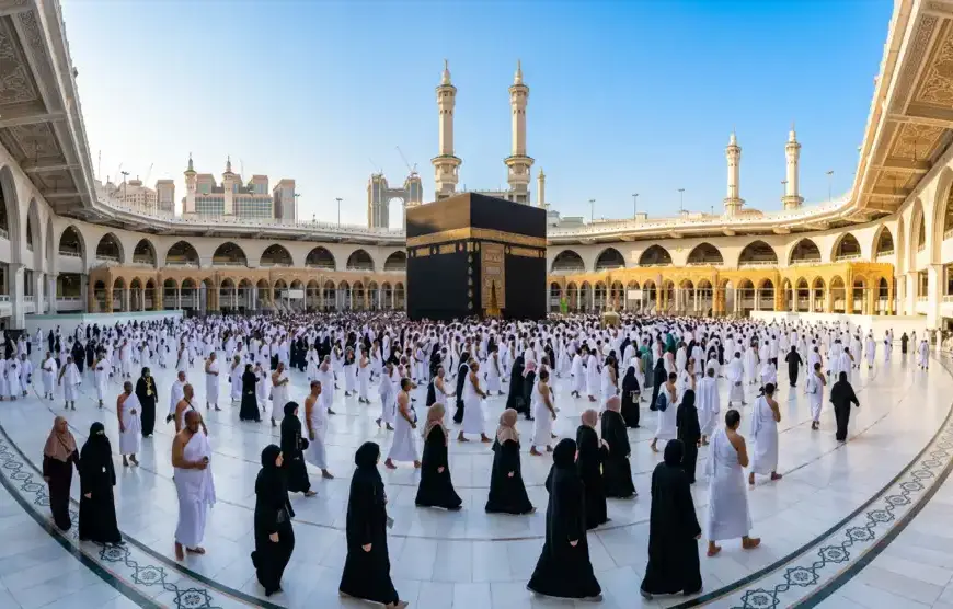 Hajj and Umrah pilgrims performing the Tawaf ritual around the Kaaba in Masjid al-Haram wearing ihram and modest hijab.