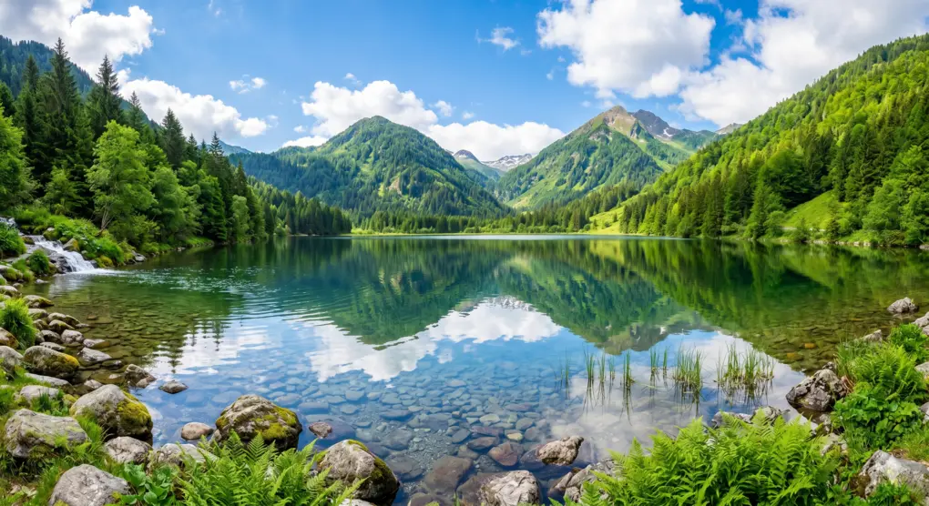 The Wisdom of Thaharah in Islam: Purifying the Body and Soul 2 A crystal-clear mountain spring perfectly reflecting a bright blue sky.