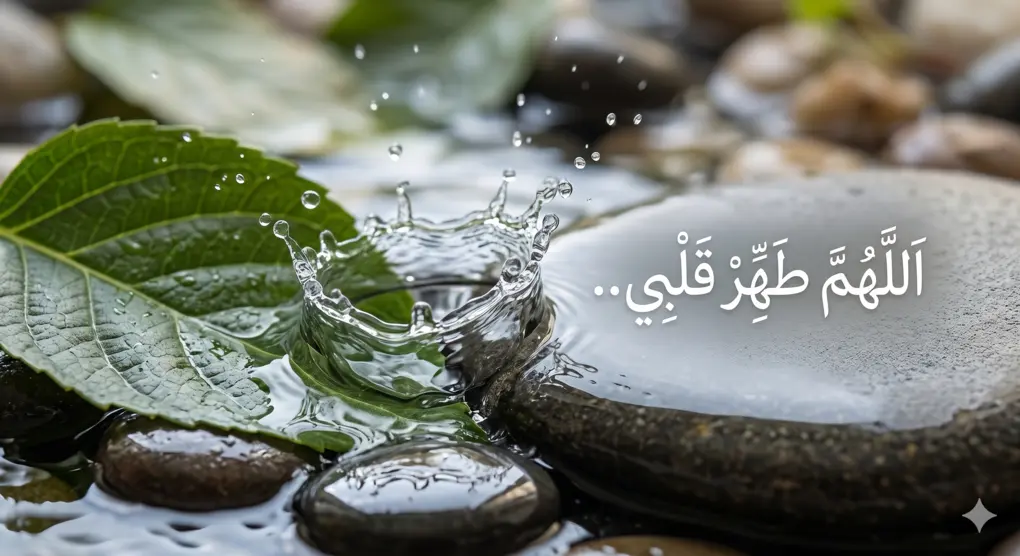 Complete Guide to Bathroom and Istinja Prayers in Islam 2 Close-up of pure water (air mutlaq) splashing on smooth river stones and a green leaf, adjacent to minimalist white Arabic calligraphy "ุงูููู
ุทูุฑ ููุจู..".
