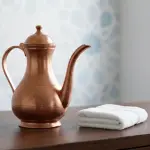Meaning of Istinja: Traditional copper water pitcher and white towel on a wooden table with Islamic geometric pattern background symbolizing purity in istinja.