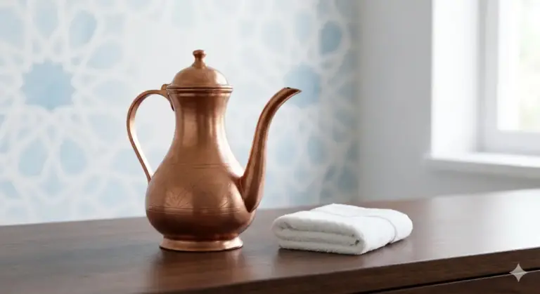 Meaning of Istinja: Traditional copper water pitcher and white towel on a wooden table with Islamic geometric pattern background symbolizing purity in istinja.