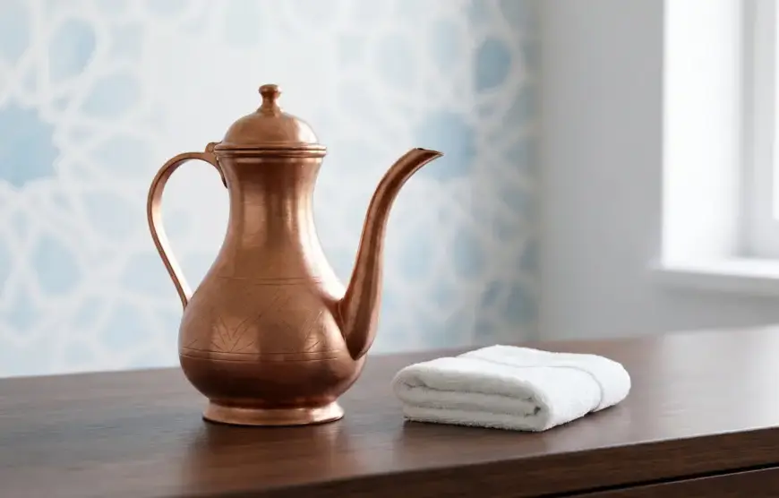 Shafi'i School of Jurisprudence: The Complete Guide to Islamic Law, Prayers, and Tasawuf 7 Meaning of Istinja: Traditional copper water pitcher and white towel on a wooden table with Islamic geometric pattern background symbolizing purity in istinja.