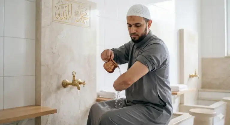 A Muslim man pouring water from a copper vessel onto his arm to perform wudu in a modern mosque purification area with gold Arabic calligraphy.