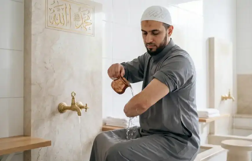 A Muslim man pouring water from a copper vessel onto his arm to perform wudu in a modern mosque purification area with gold Arabic calligraphy.